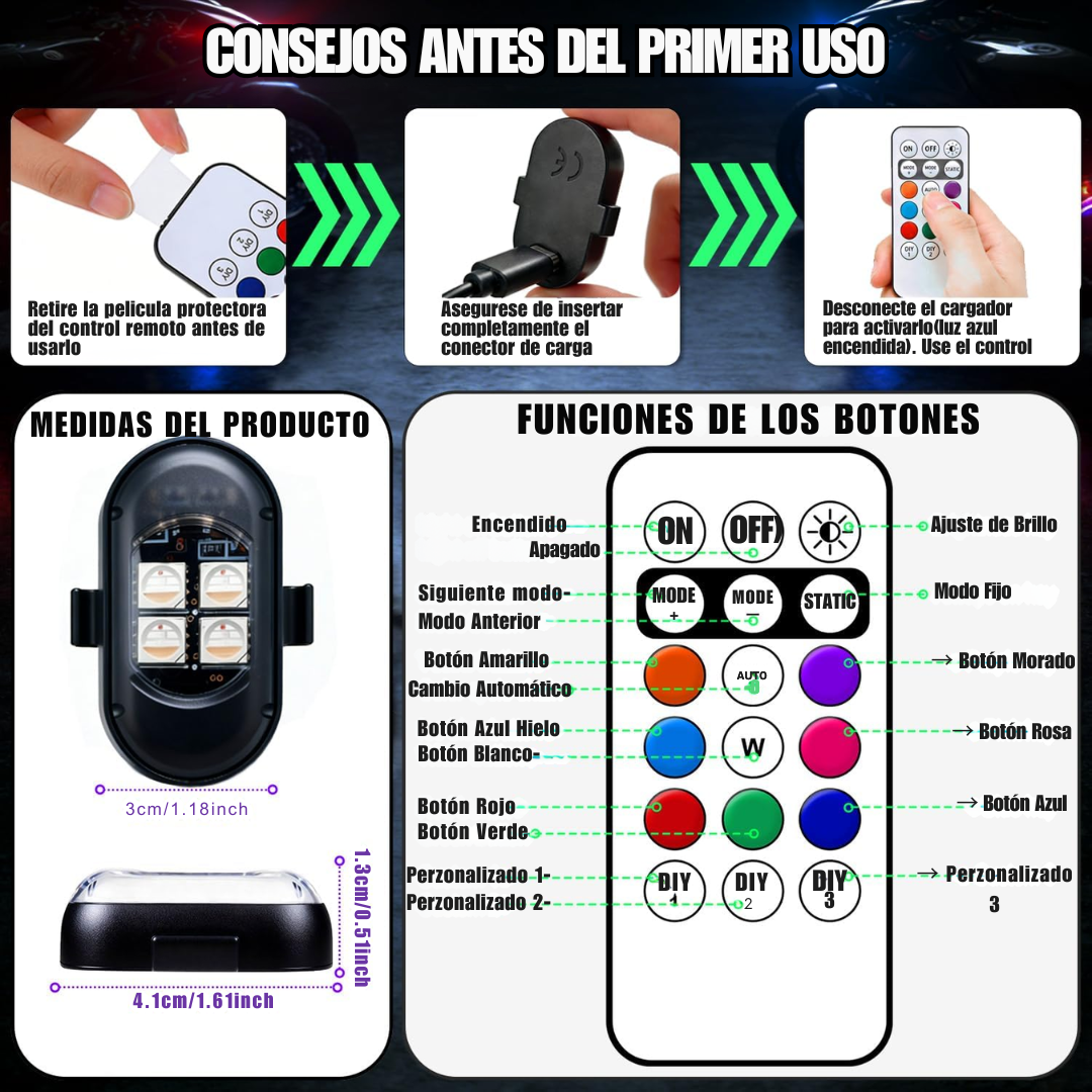 Kit De Luces LED RGB Recargable Para Coche Con Control Remoto