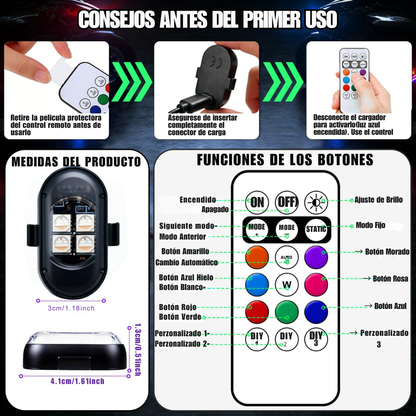 Kit De Luces LED RGB Recargable Para Coche Con Control Remoto